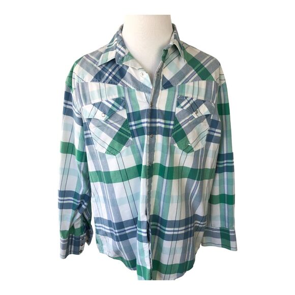 Roper Mens Blue Green Striped Long Sleeve Pearl Button Up Rodeo Shirt Size XL - Picture 1 of 13